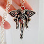 mothman pendant hanging upright on a heavy sterling cable chain, handcrafted by Roxy of Xanne Fran