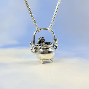 cauldron necklace with moveable handle lost wax cast in sterling silver