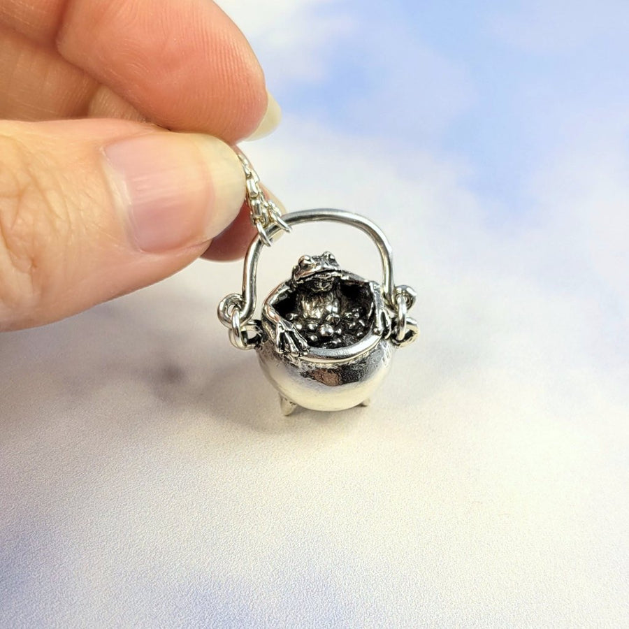 cute frog in a bubbling witch's cauldron, handmade jewelry by xanne fran studios