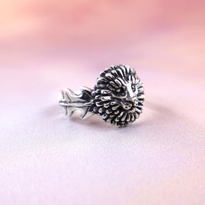 side profile of highly detailed dandelion lion ring