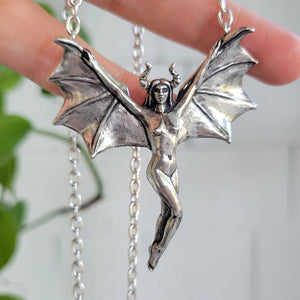 handmade sterling silver horned woman with wings statement necklace