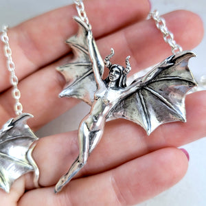 sculpted winged woman with horns in solid sterling silver by xanne fran