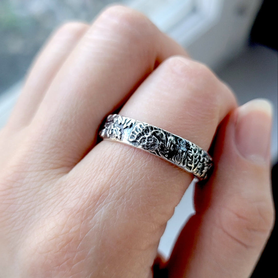 wild turkey sculpted into silver wide band ring, handcrafted by xanne fran studios