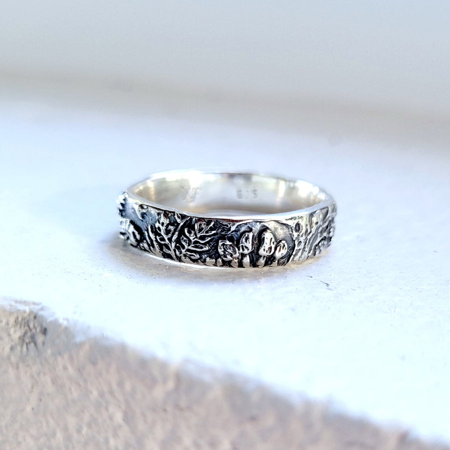 sterling wide band ring with morel mushrooms