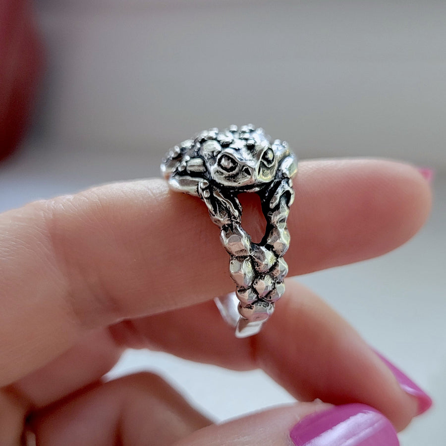 side view of toad ring showing face details and cobblestone texture on silver band
