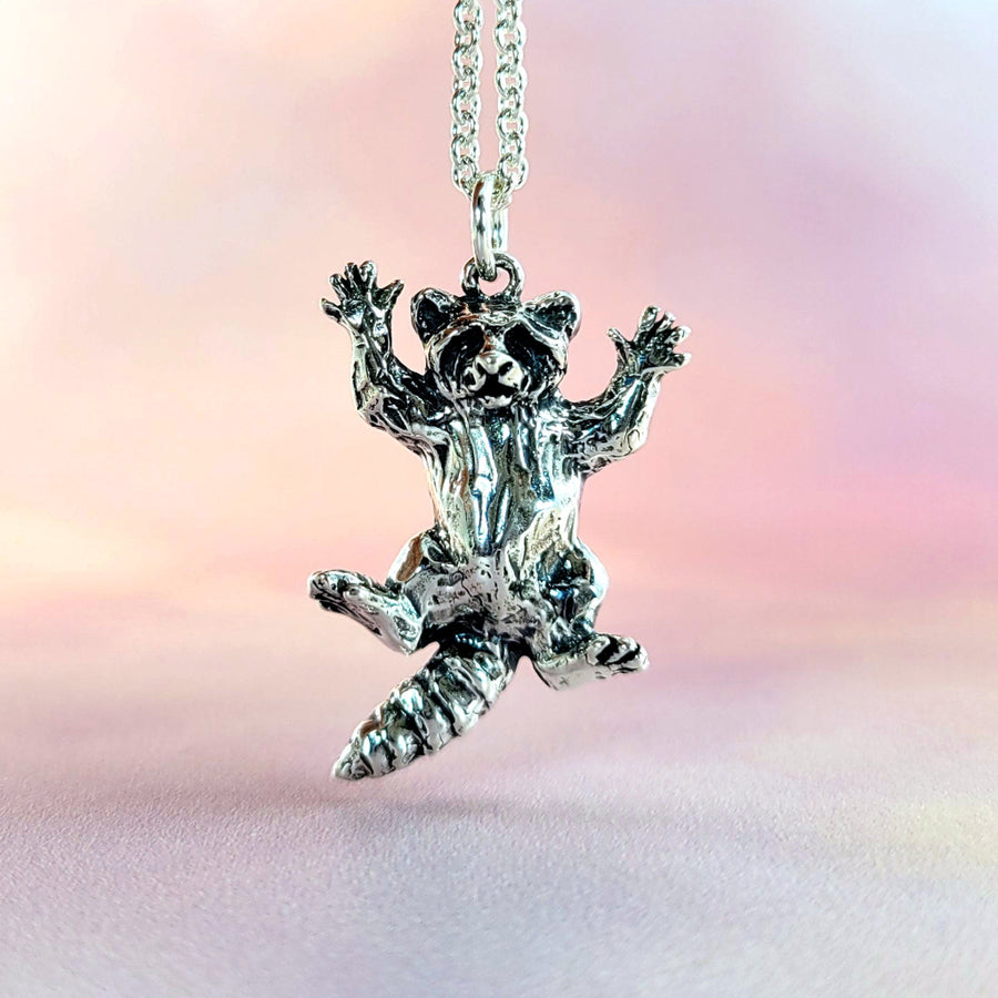 adorable raccoon pendant in sterling silver